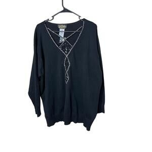 NWT Bob Mackie Sweater Size 1X Black Sequin Embellished V-Neck Wearable Art